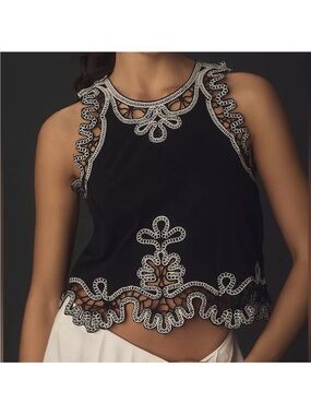 Anthropologie Black and White Lace Trim Top